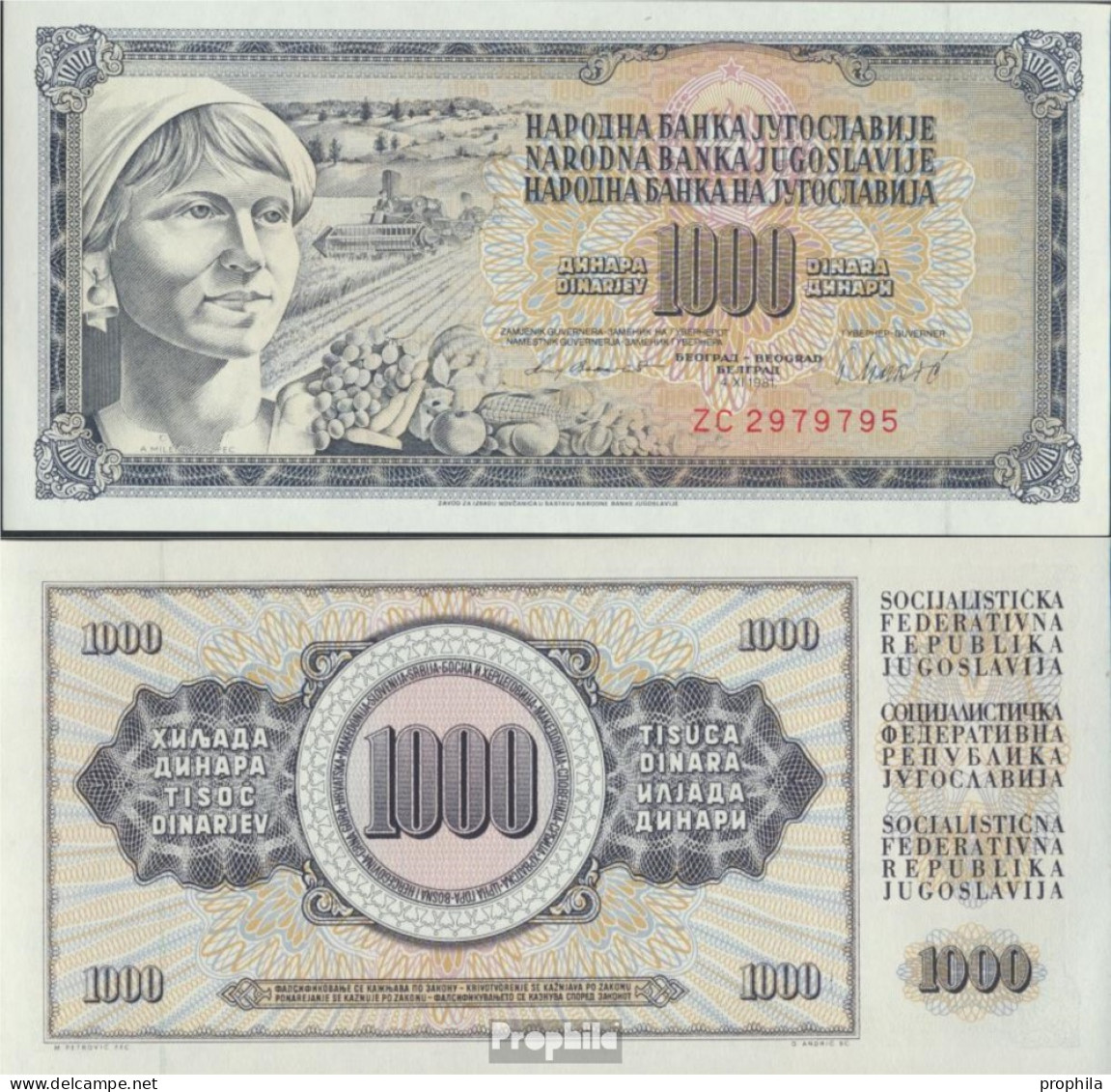 Jugoslawien Pick-Nr: 92d, Ersatznote Bankfrisch 1981 1.000 Dinara - Jugoslavia