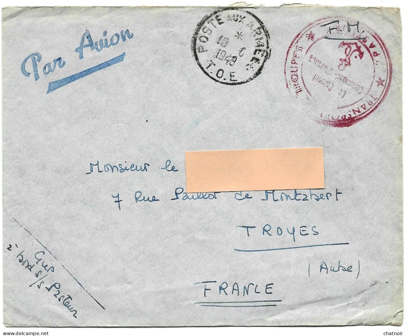 Envel  FM  Oblit  Poste Aux Armees  T O E  1948  Cachet "transport  Troupes  PASTEUR " Par Avion - Bateaux