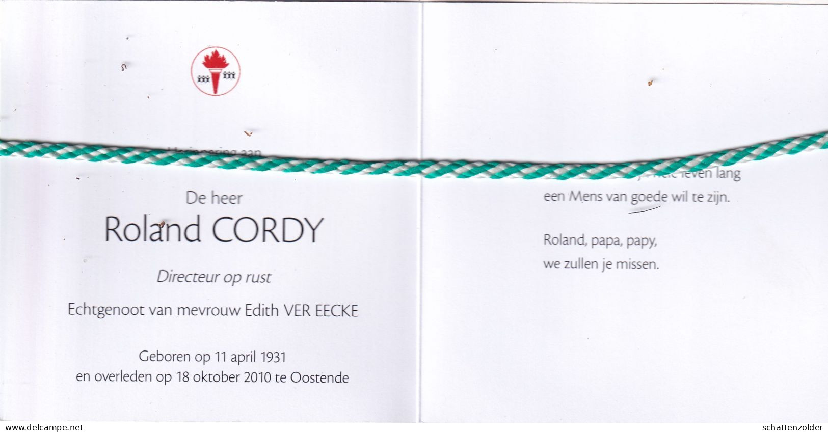 Roland Cordy-Ver Eecke, 1931, Oostende 2010. Foto - Décès