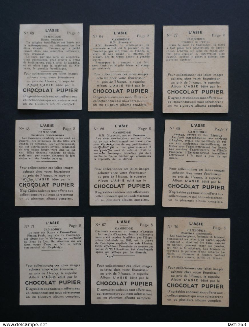 Lot 9 Images Chocolat Pupier. Album Asie 1938.  CAMBODGE  Roi S.M. Monivong   Roi S. M. Sisowath - Andere & Zonder Classificatie
