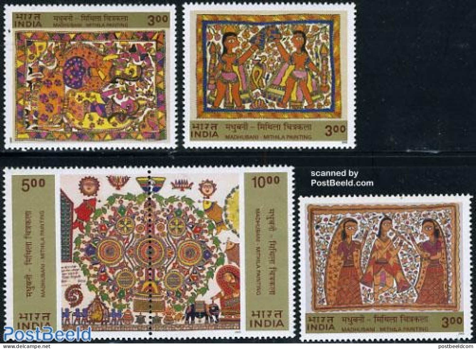 India 2000 Madhubani Paintings 5v (3v+[:]), Mint NH, Art - Paintings - Unused Stamps