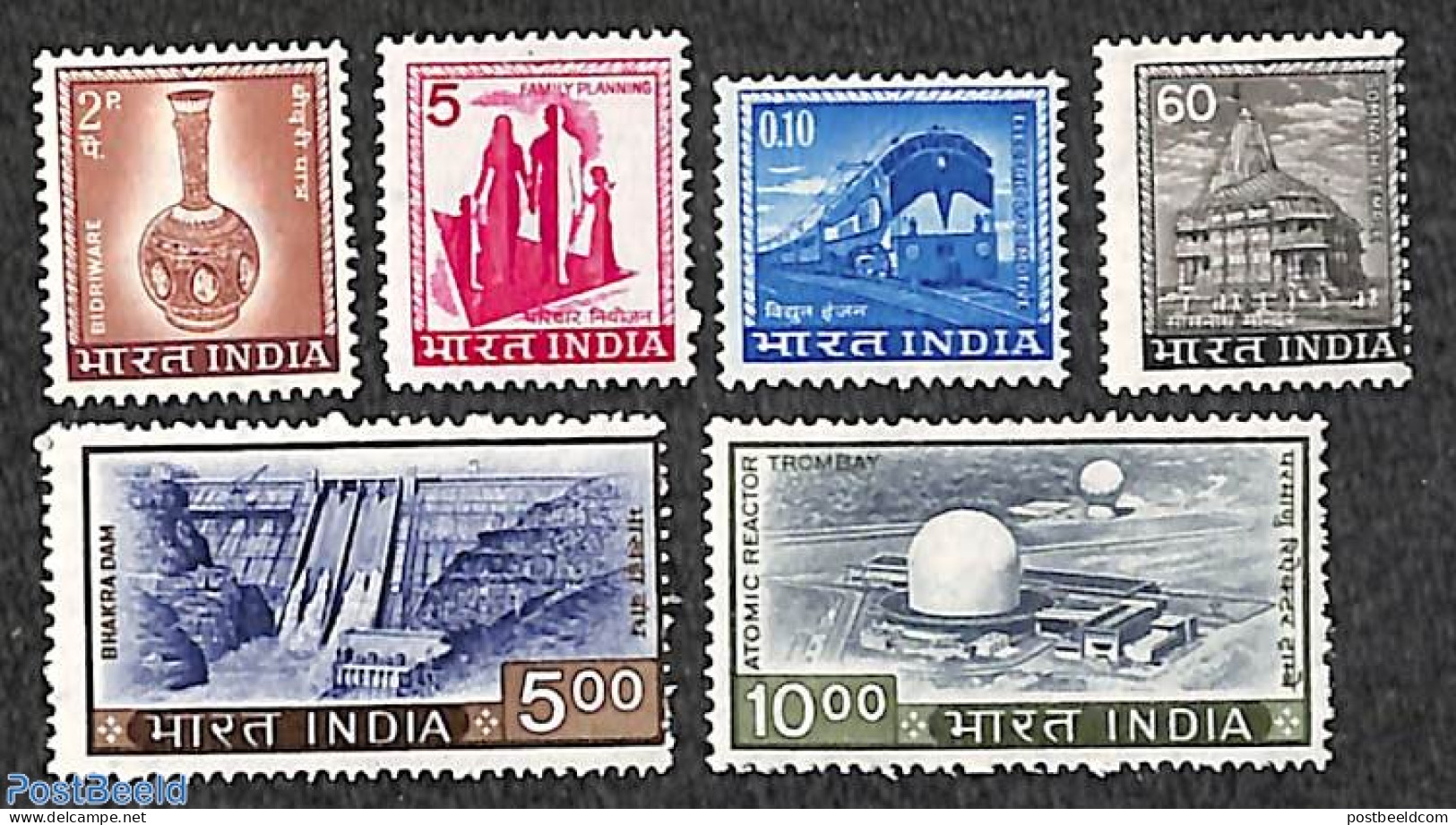 India 1977 Definitives 6v, Mint NH, Nature - Science - Transport - Water, Dams & Falls - Atom Use & Models - Railways .. - Unused Stamps