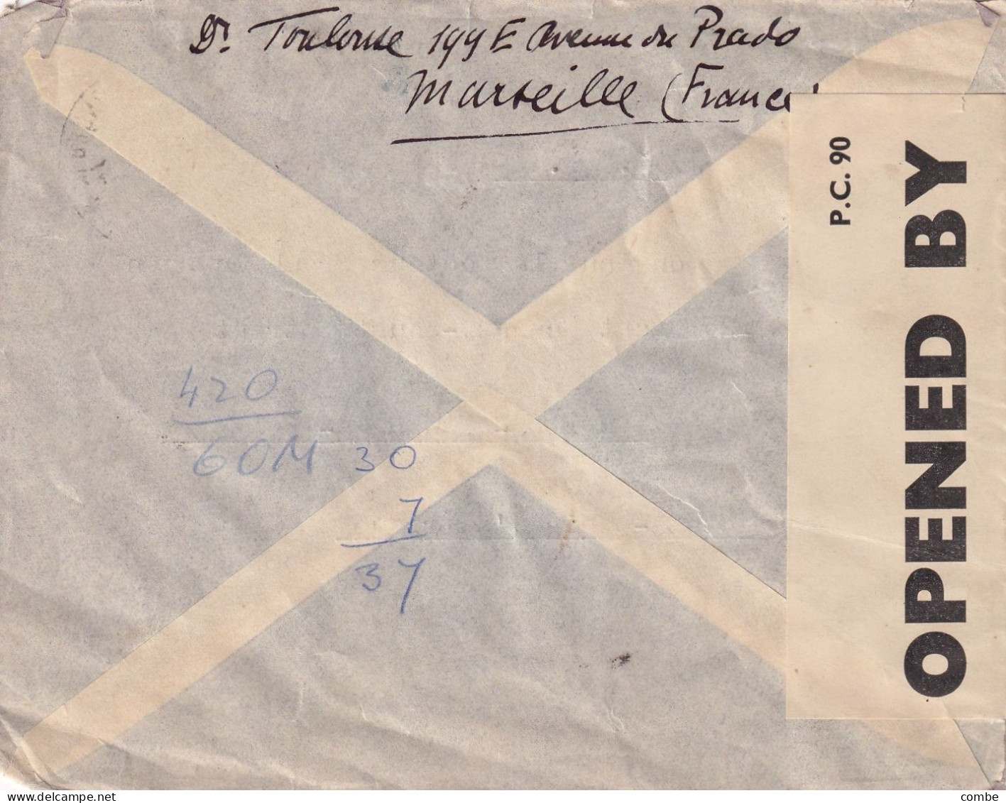 LETTRE. 1 9 1941. AFFRANCHISSEMENT COMPOSÉ. 14,50Fr. PAR AVION. MARSEILLE. POUR NEW YORK. BANDE CENSURE - WW II