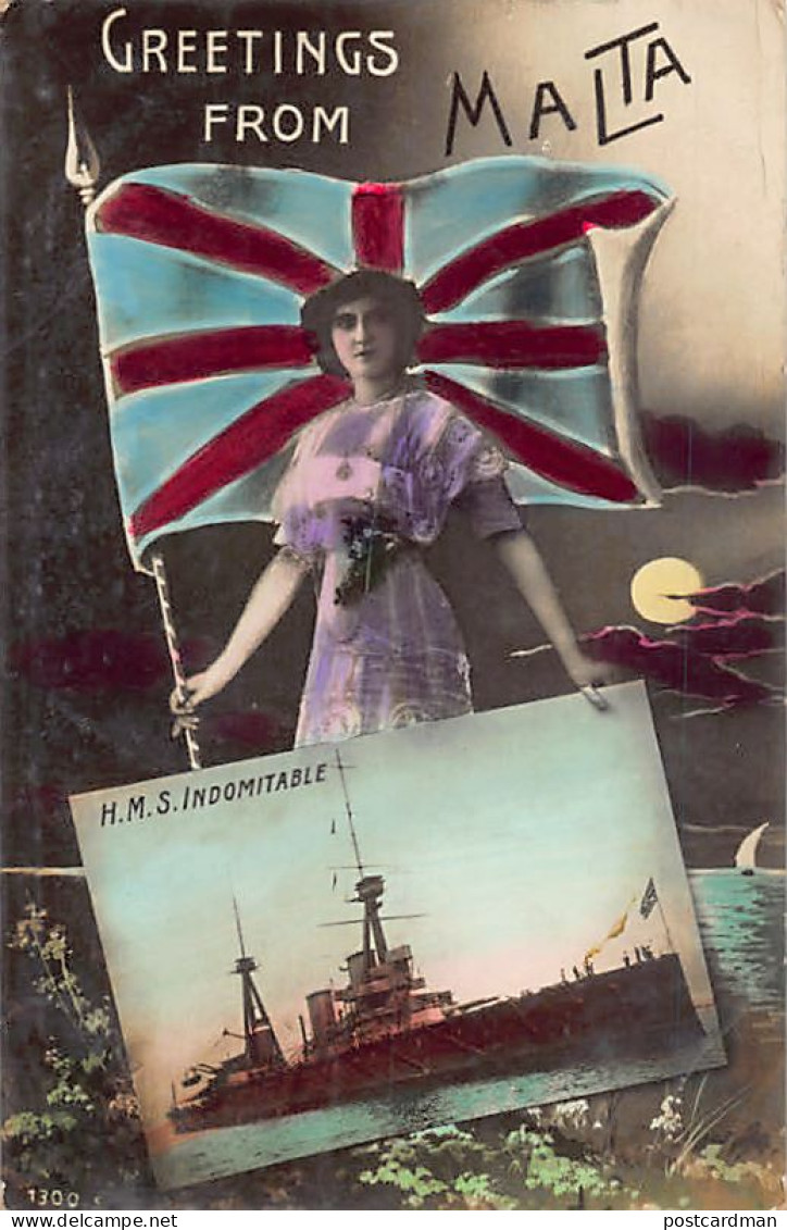 Malta - H.M.S. Indomitable, Royal Navy - Woman With British Flag - World War One - Publ. Unknown (Made In Italy) 1300 - Malte