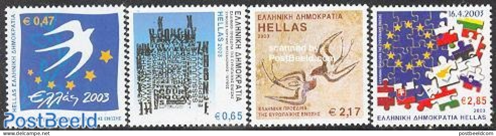 Greece 2003 E.C. Presidency 4v, Mint NH, History - Nature - Europa Hang-on Issues - Flags - Birds - Unused Stamps