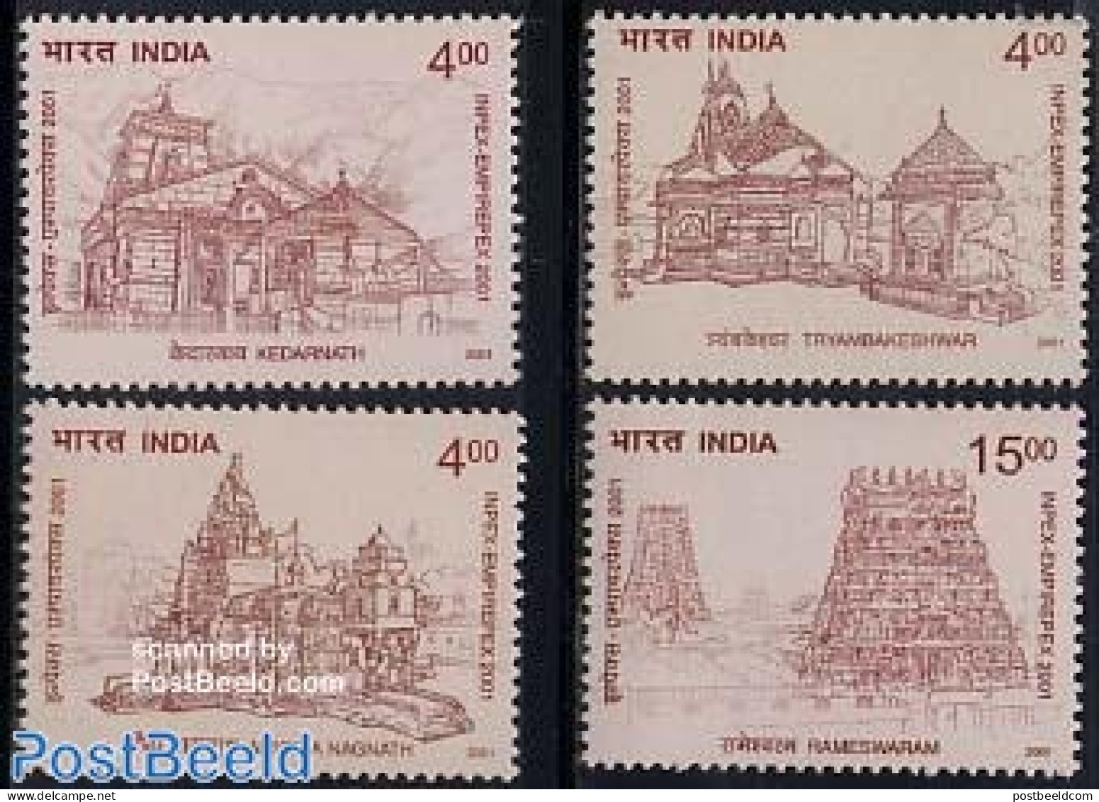 India 2001 Temple Architecture 4v, Mint NH - Neufs