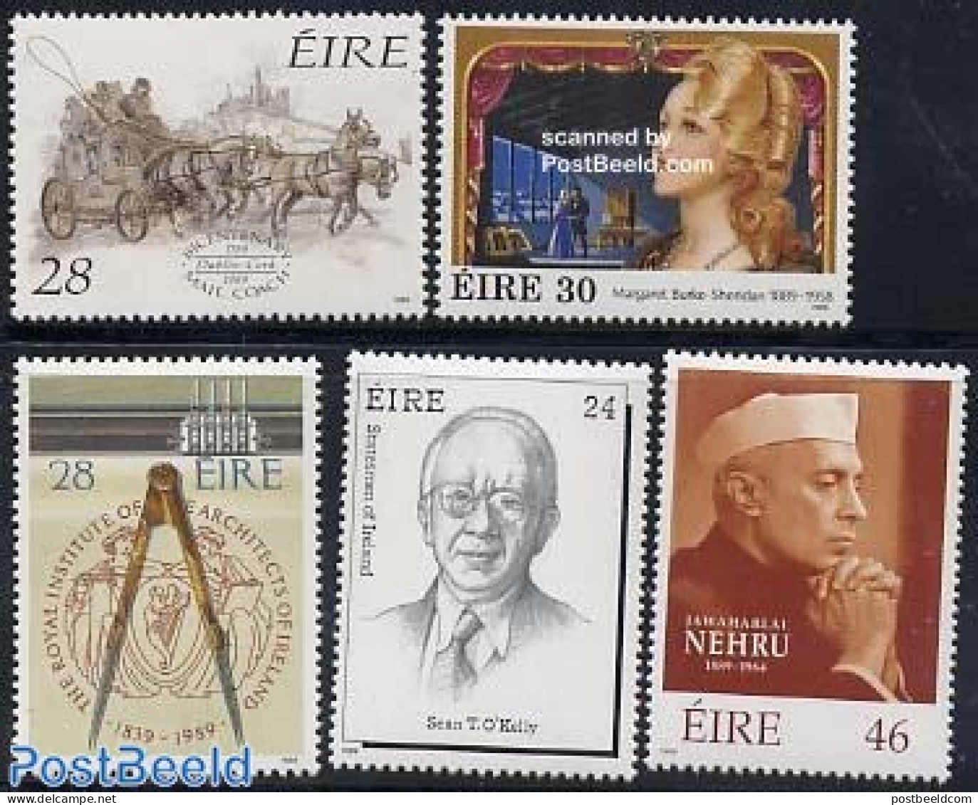 Ireland 1989 Mixed Issue 5v, Mint NH, History - Nature - Performance Art - Transport - Politicians - Horses - Theatre .. - Unused Stamps