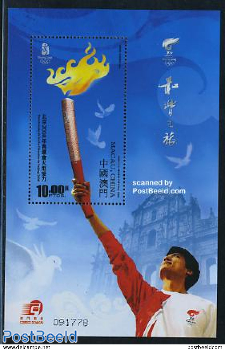 Macao 2008 Olympic Torch S/s, Mint NH, Nature - Sport - Birds - Olympic Games - Neufs