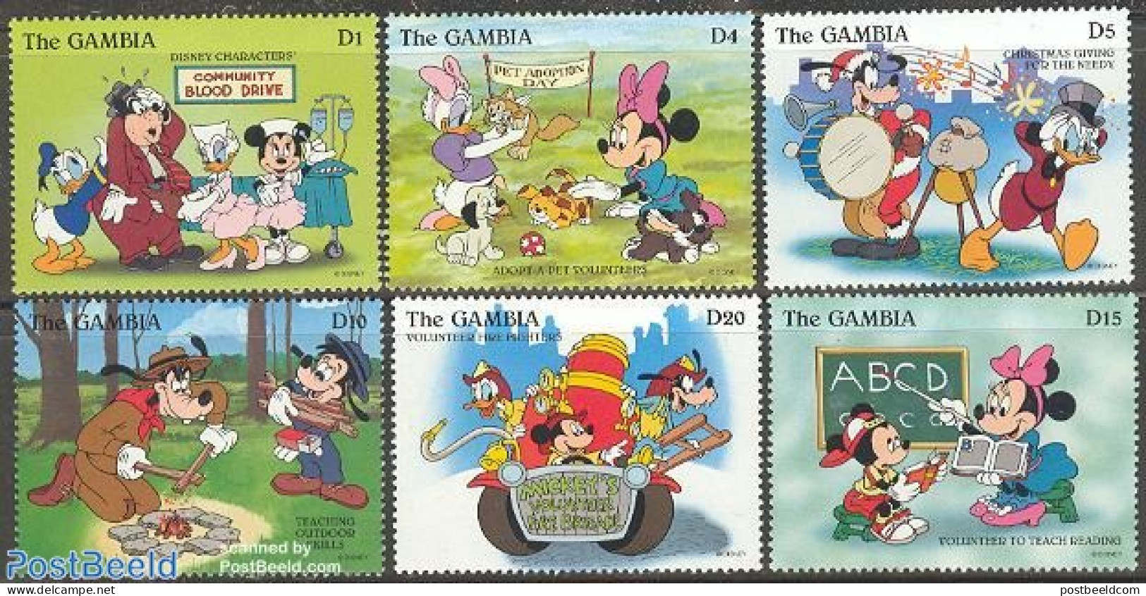Gambia 1996 Disney 6v, Mint NH, Nature - Performance Art - Science - Sport - Cats - Music - Education - Scouting - Art.. - Musique