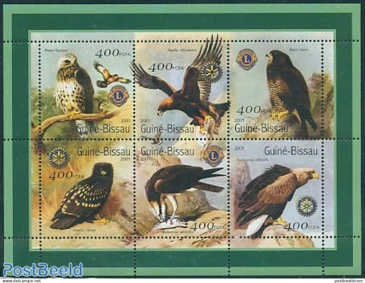 Guinea Bissau 2001 Rotary, Lions, Birds Of Prey 6v M/s, Mint NH, Nature - Various - Birds - Birds Of Prey - Lions Club.. - Rotary, Lions Club