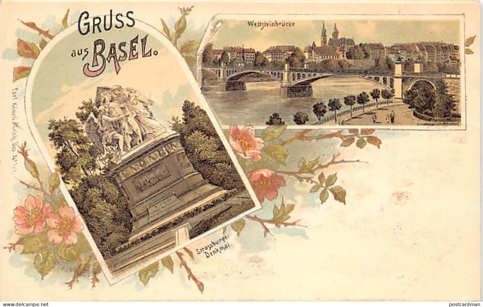 BASEL - Litho - Strassburger-Denkmal - Wettsteinbrücke - Verlag Künzli 734 - Basel