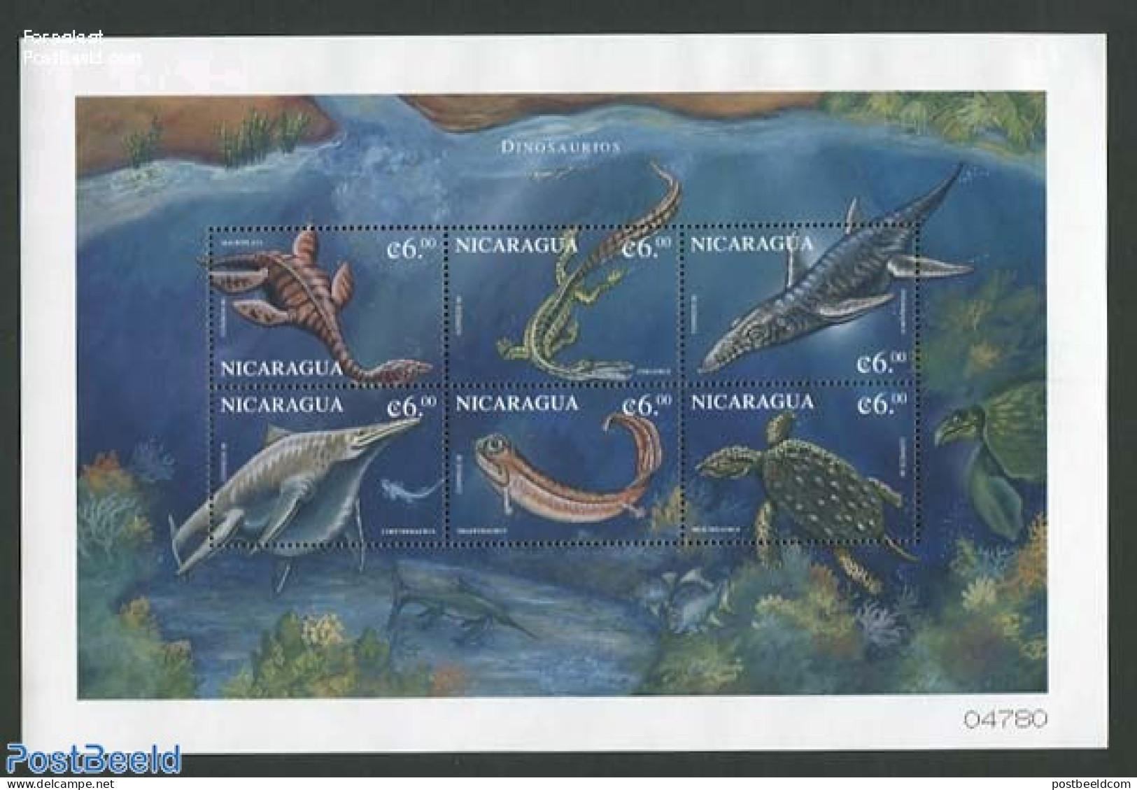 Nicaragua 1999 Preh. Animals 6v M/s, Macroplata, Mint NH, Nature - Prehistoric Animals - Préhistoriques