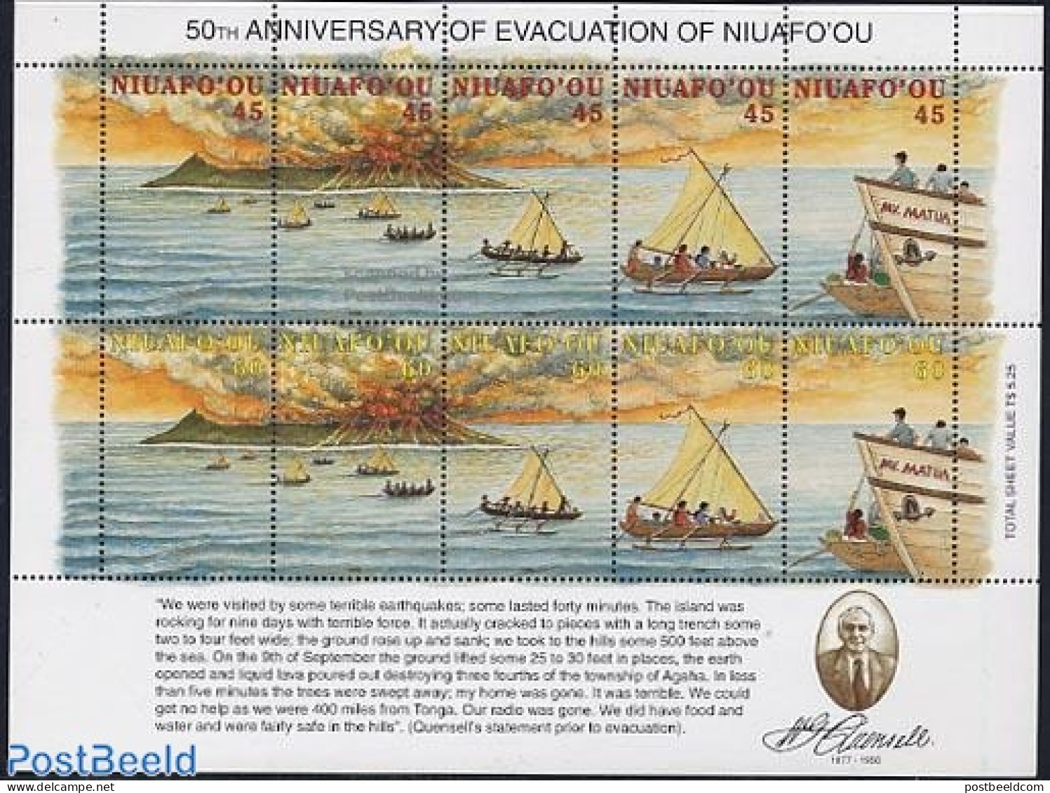 Niuafo'ou 1996 Evacuation Anniversary 10v M/s, Mint NH, History - Transport - Geology - Ships And Boats - Boten