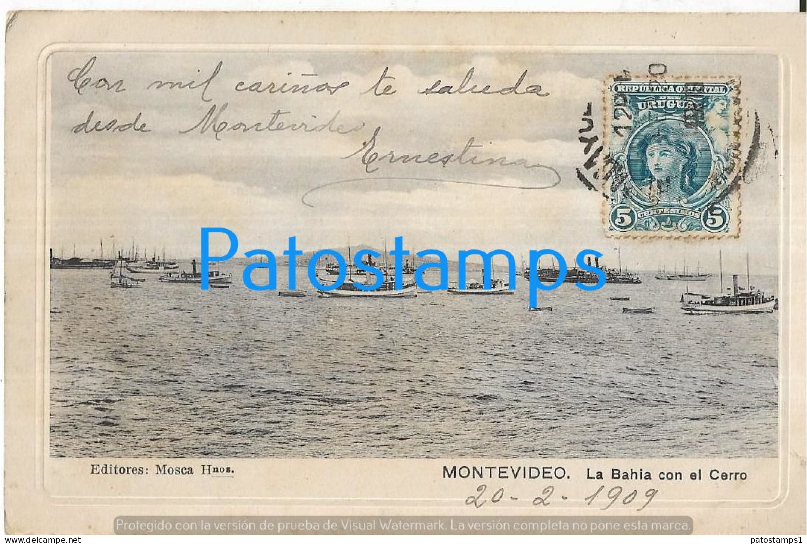 229100 URUGUAY MONTEVIDEO LA BAHIA CON EL CERRO & SHIP POSTAL POSTCARD - Uruguay