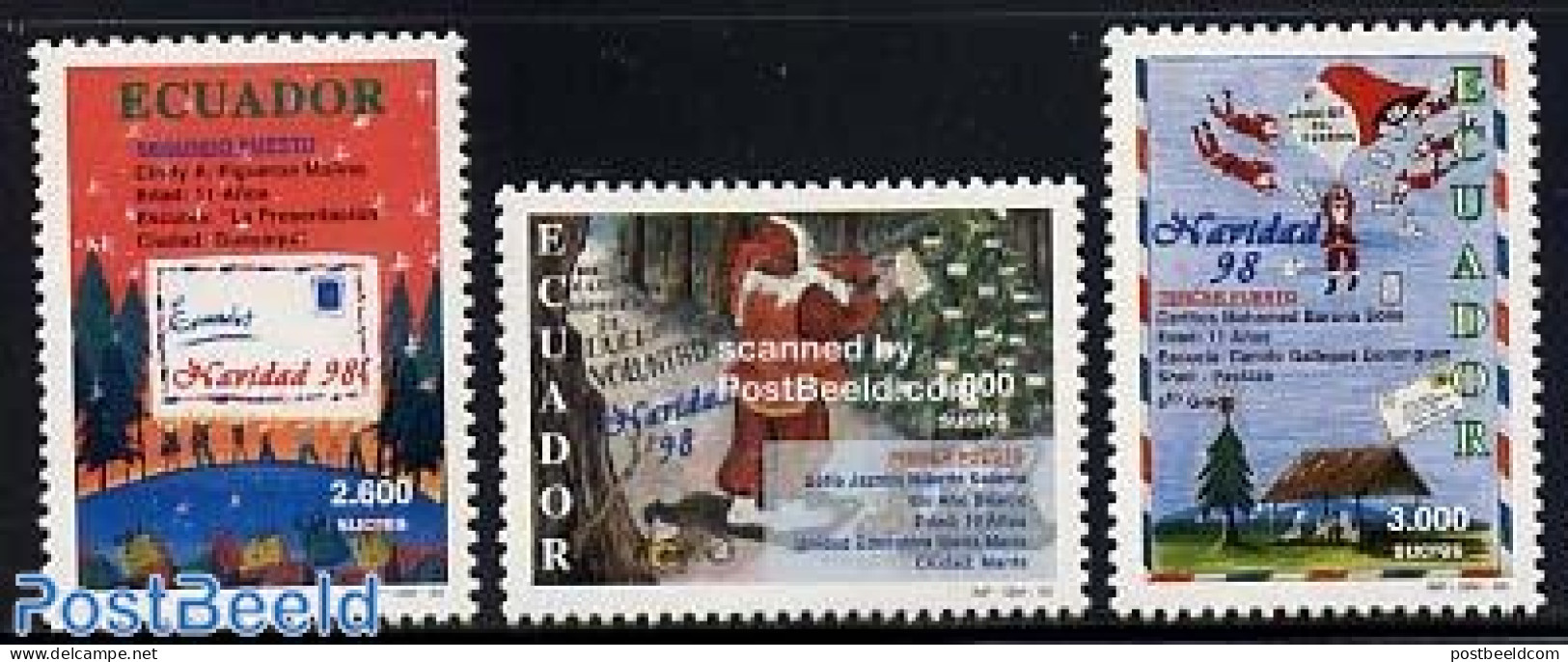 Ecuador 1998 Christmas 3v, Mint NH, Religion - Christmas - Art - Children Drawings - Noël