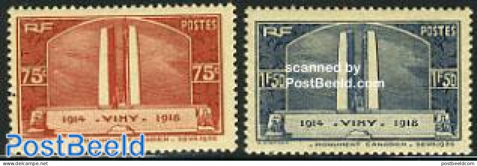 France 1936 War Victims Memorial 2v, Unused (hinged), History - Art - Sculpture - World War I - Unused Stamps