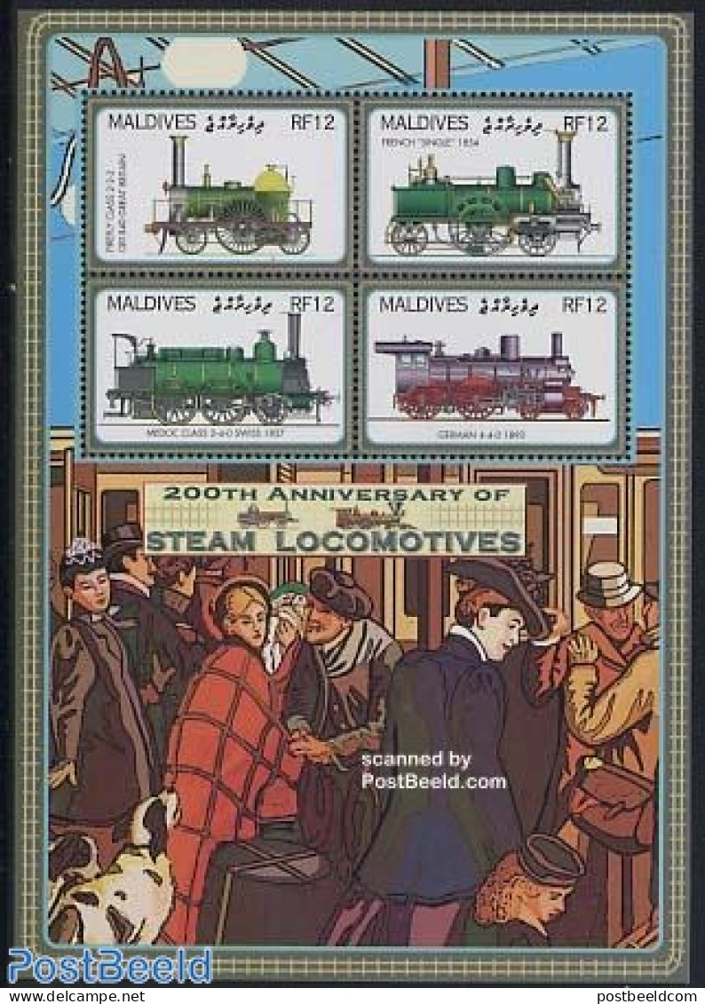 Maldives 2004 Steam Locomotives 4v M/s, Firefly Class 2-2-2, Mint NH, Transport - Railways - Treinen