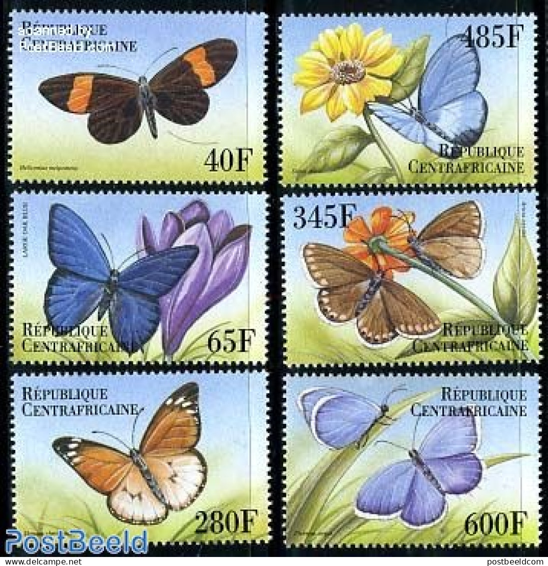 Central Africa 2000 Butterflies 6v, Mint NH, Nature - Butterflies - Flowers & Plants - Centrafricaine (République)