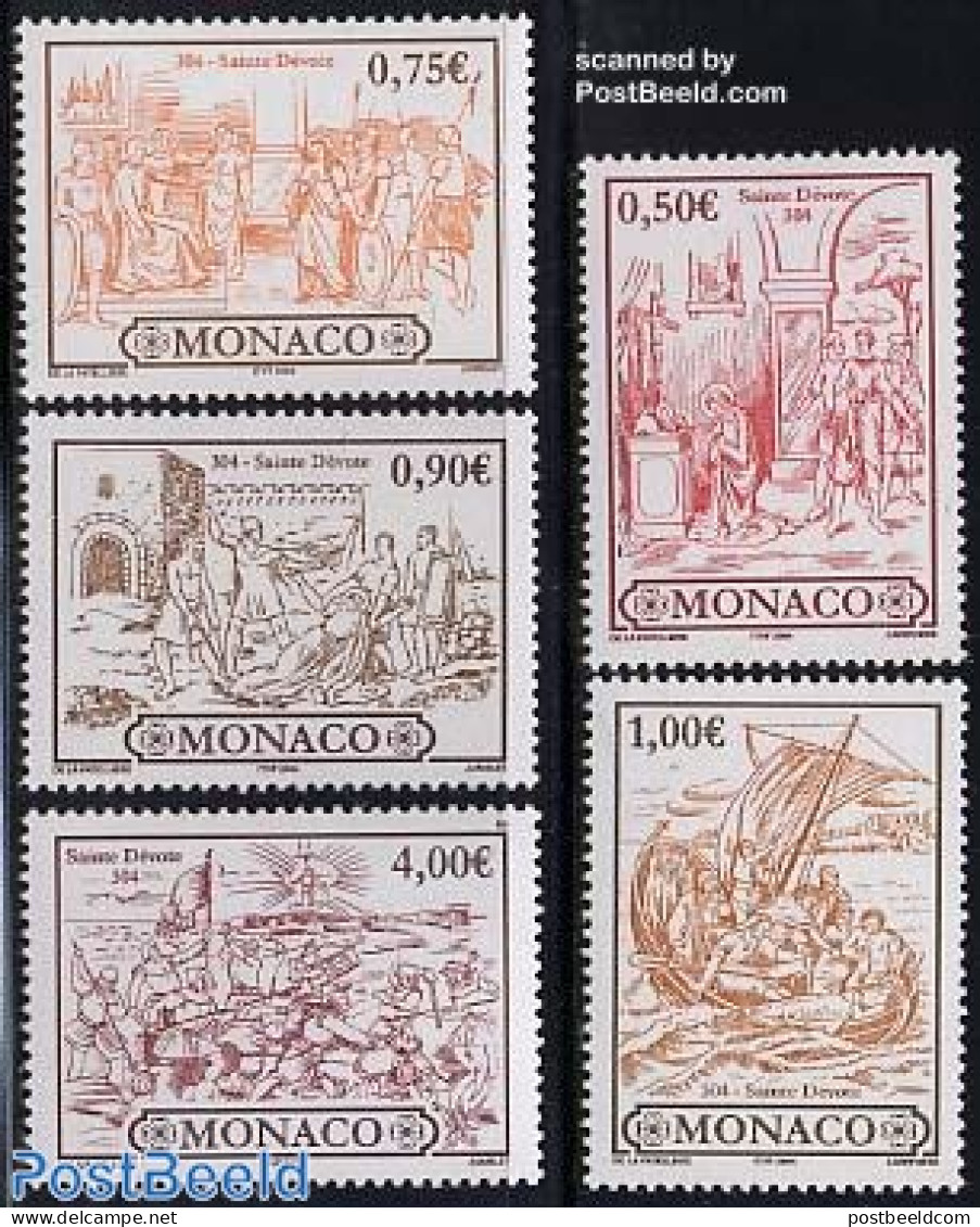 Monaco 2004 St. Devota 5v, Mint NH, Religion - Transport - Religion - Ships And Boats - Ongebruikt