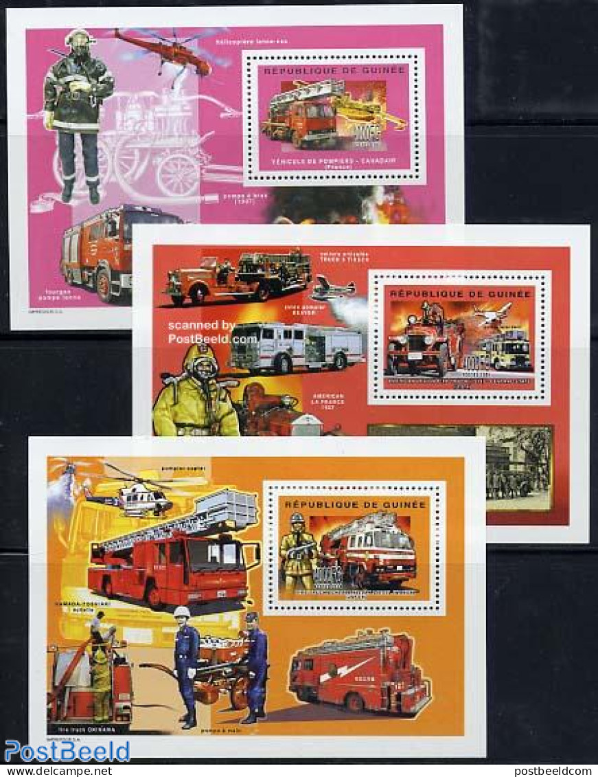 Guinea, Republic 2004 Fire Fighters 3 S/s, Mint NH, Transport - Automobiles - Fire Fighters & Prevention - Helicopters.. - Cars