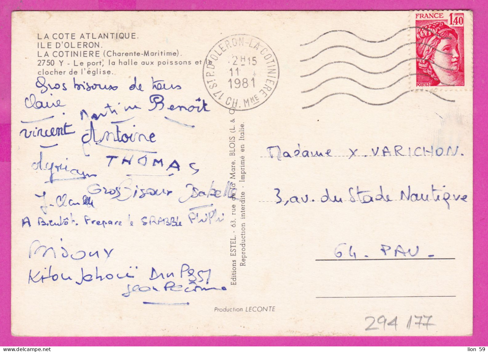 294177 / France - La Cote Atlantique. Ile D'oleron , La Cotiniere (Charente-Mart  PC 1981 USED 1.30 Fr. Sabine De Gandon - 1977-1981 Sabine De Gandon