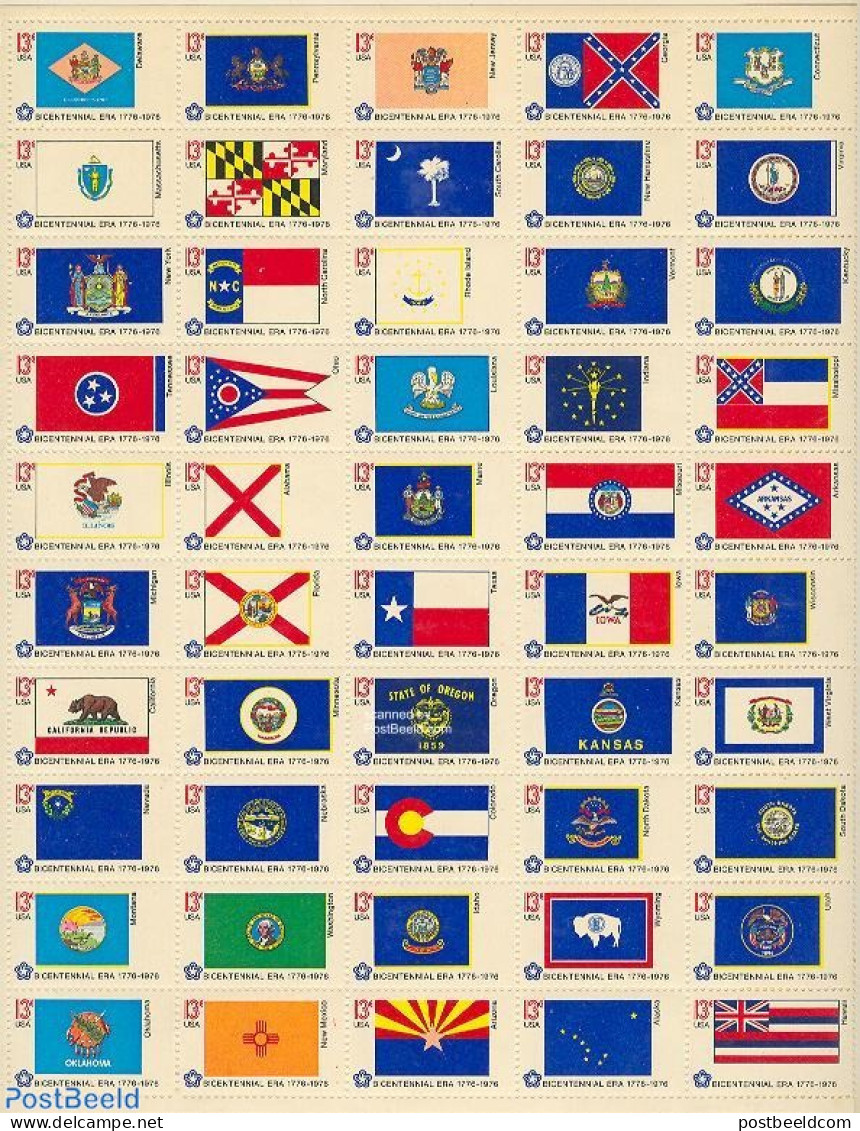 United States Of America 1976 Flags 50v Sheet, Mint NH, History - Nature - Coat Of Arms - Flags - Bears - Birds - Deer - Ongebruikt