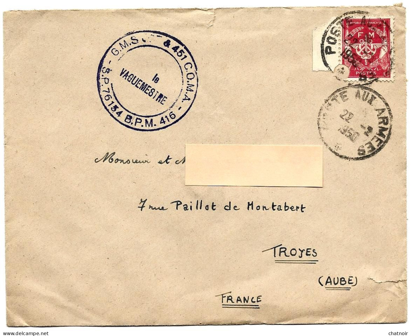 Envel  FM  Oblit  Poste Aux Armees  1950  Cachet " Le Vaguemestre ...SP 76154  BPM 416 " - Timbres De Franchise Militaire