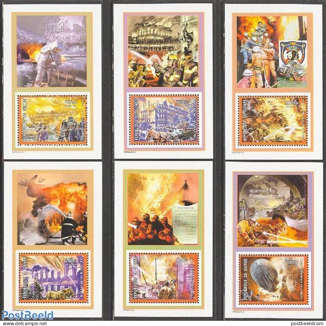 Guinea, Republic 2001 Famous Fires 6 S/s, Mint NH, Nature - Transport - Horses - Fire Fighters & Prevention - Ships An.. - Feuerwehr