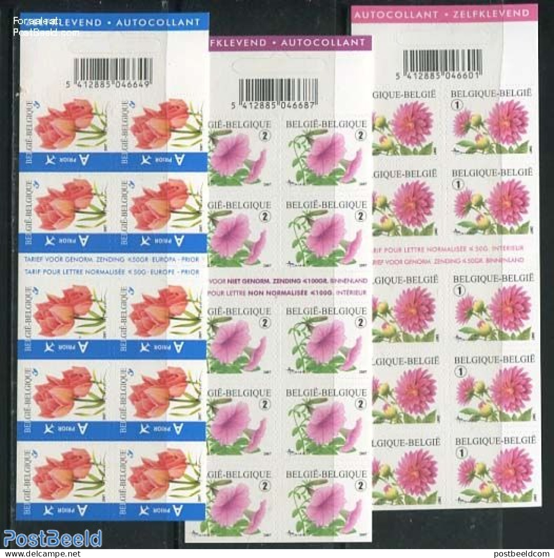 Belgium 2007 Flowers 3 Foil Sheets, Mint NH, Nature - Flowers & Plants - Stamp Booklets - Unused Stamps