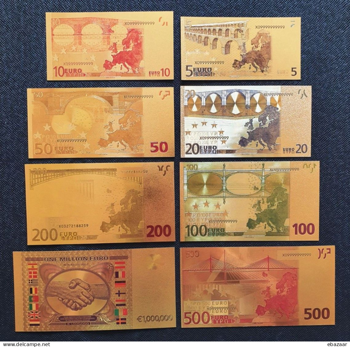 Euro Golden Set Of Banknotes Є5, 10, 20, 50, 100, 200, 500 & One Million + FREE GIFT - Autres - Europe