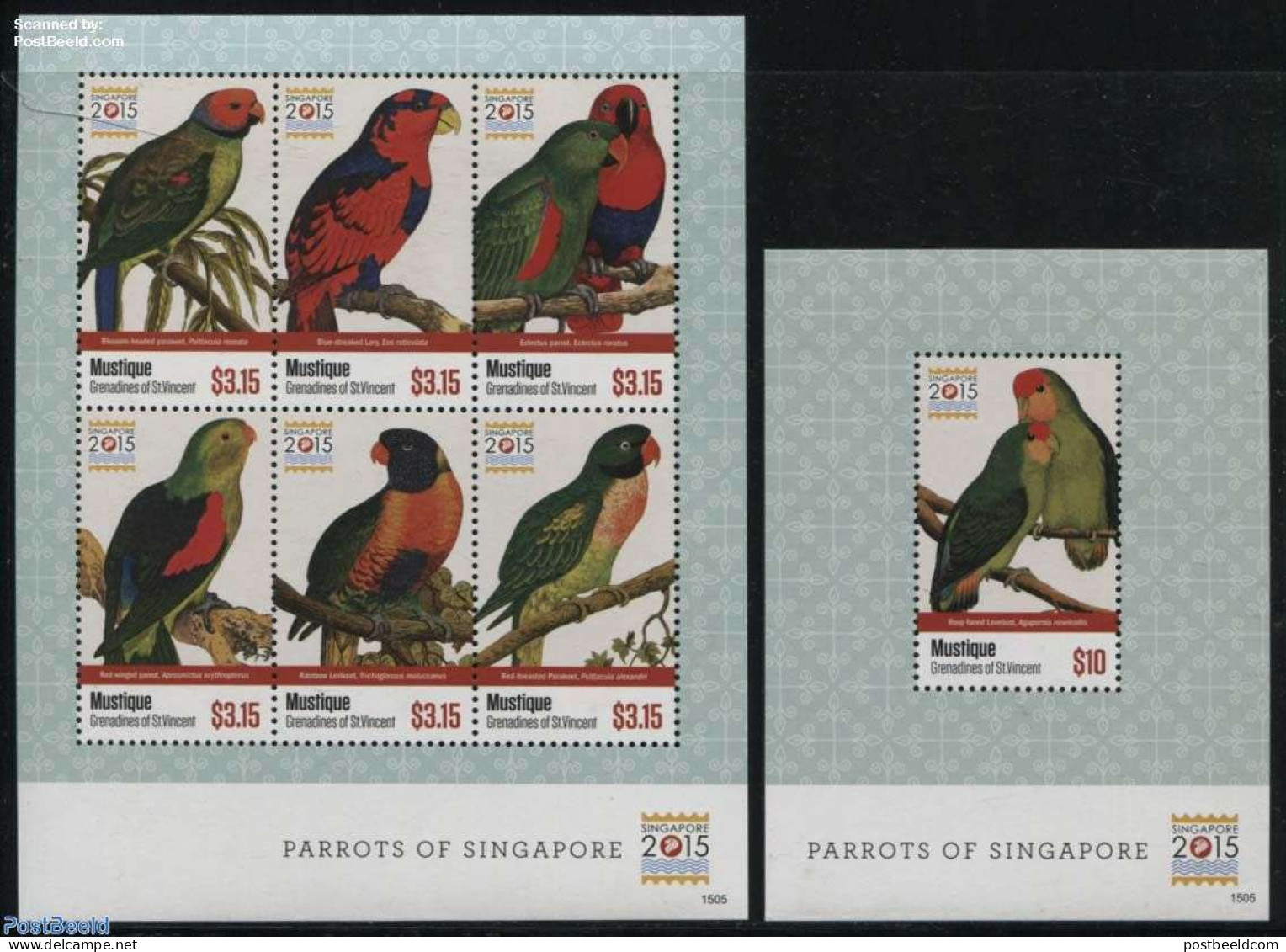 Saint Vincent & The Grenadines 2015 Mustique, Parrots Of Singapore 2 S/s, Mint NH, Nature - Birds - Parrots - Philately - St.-Vincent En De Grenadines