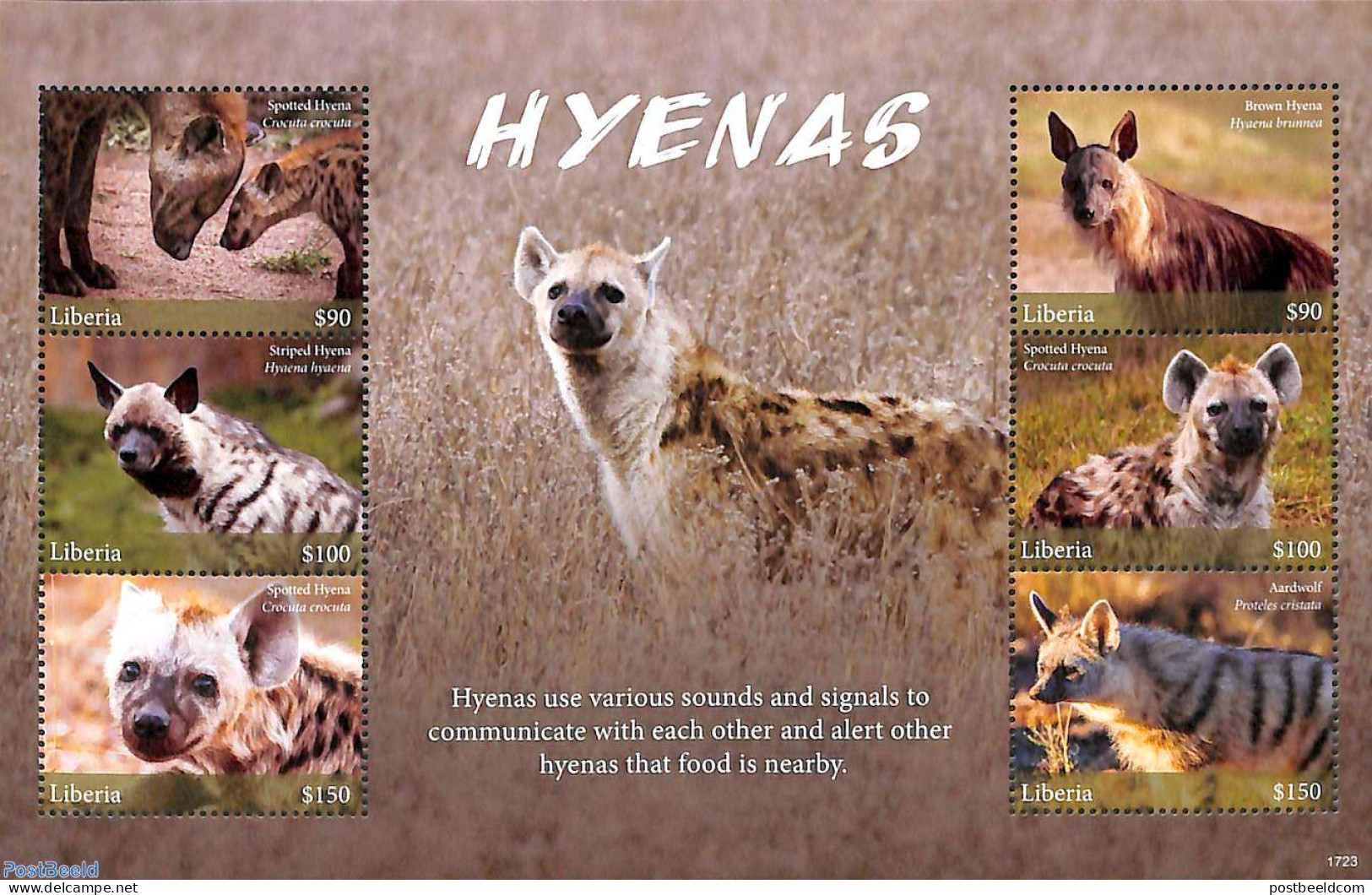 Liberia 2017 Hyenas 6v M/s, Mint NH, Nature - Animals (others & Mixed) - Wild Mammals - Altri & Non Classificati
