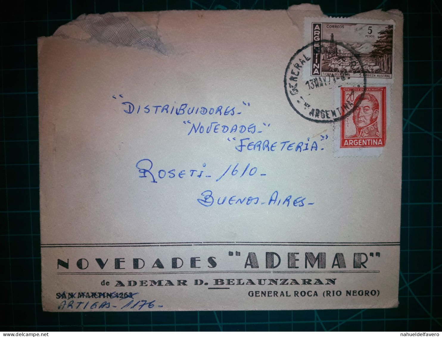 ARGENTINE, Enveloppe Appartenant à "Ademar D. Belaunzaran, Novedades" Circulant Avec Une Variété Colorée De Timbres-post - Used Stamps