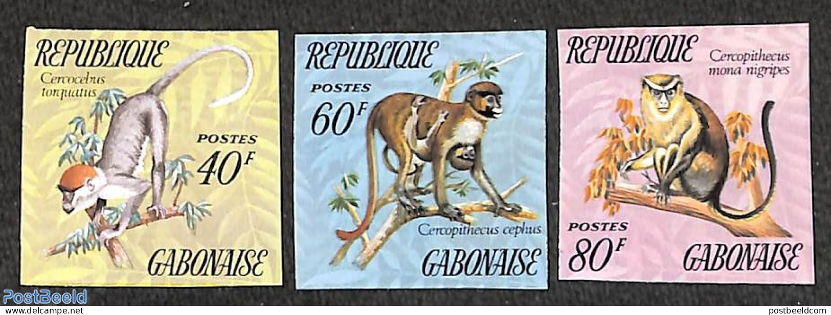 Gabon 1974 Monkeys 3v, Imperforated, Mint NH, Nature - Animals (others & Mixed) - Monkeys - Neufs