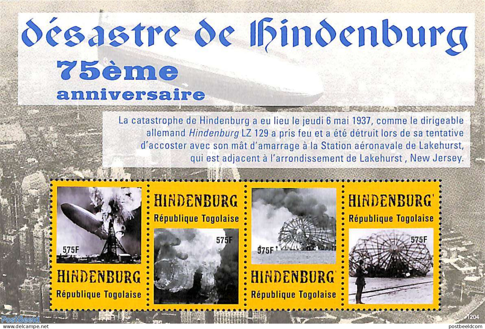 Togo 2012 Hindenburg Disaster 4v M/s, Mint NH, History - Transport - Fire Fighters & Prevention - Zeppelins - Disasters - Bombero