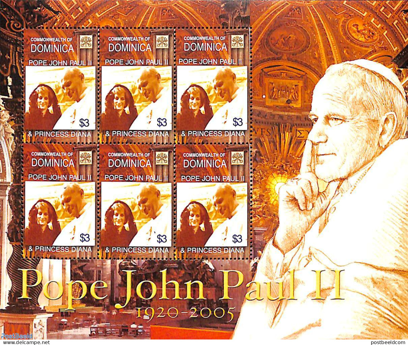 Dominica 2005 Pope John Paul II & Princess Diana M/s, Mint NH, History - Religion - Charles & Diana - Kings & Queens (.. - Königshäuser, Adel