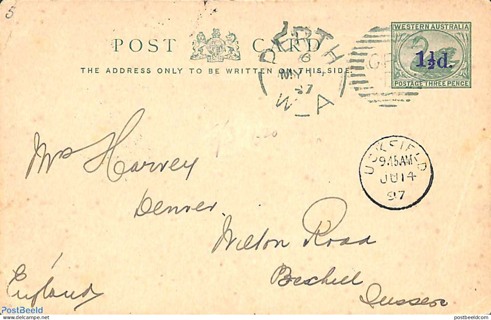 Australia, Western Australia 1897 Postcard 1.5d On 3d From PERTH To U.K., Used Postal Stationary, Nature - Birds - Altri & Non Classificati