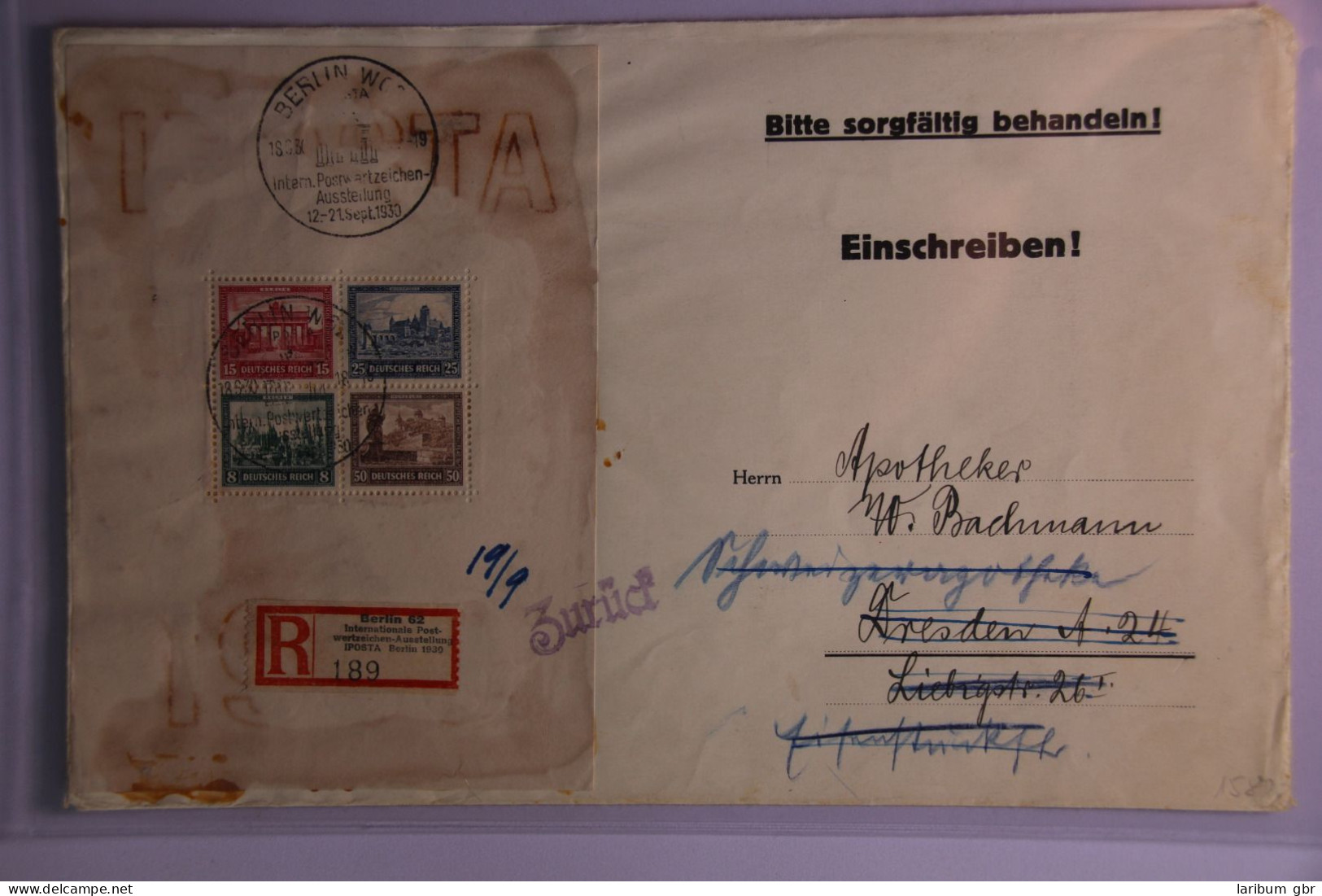 Deutsches Reich Block 1 Auf Brief Als Einzelfrankatur (Einschreiben) #BC602 - Autres & Non Classés