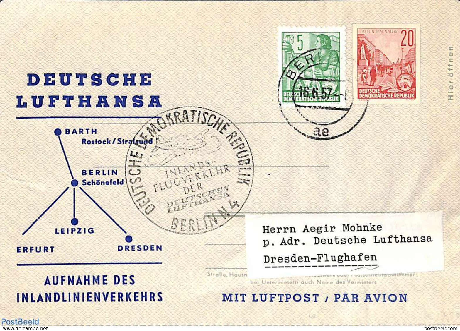 Germany, DDR 1957 Aerogramme With Special Cancellation Inland Air Traffic, Used Postal Stationary, Transport - Aircraf.. - Lettres & Documents