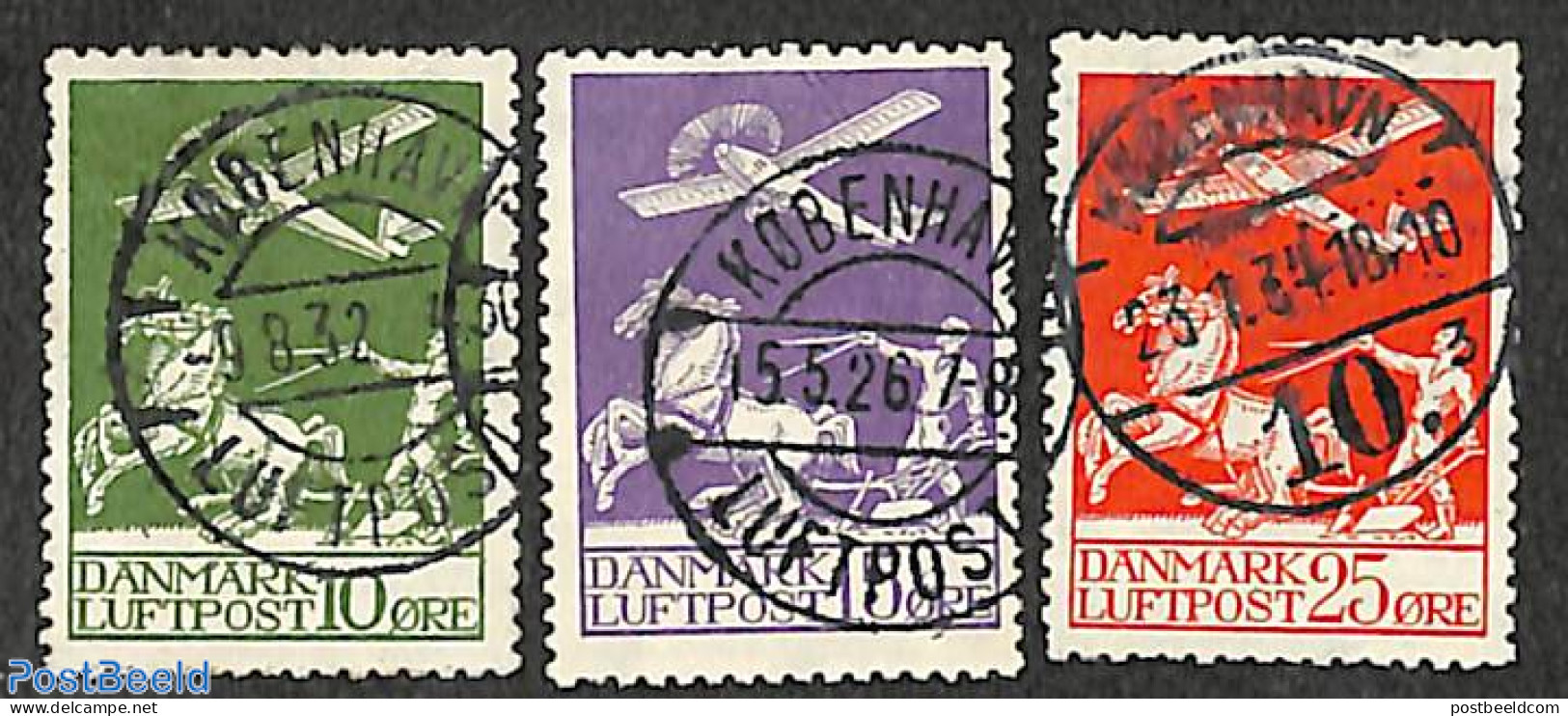 Denmark 1925 Airmail 3v, Used, Used Stamps, Nature - Transport - Horses - Aircraft & Aviation - Used Stamps
