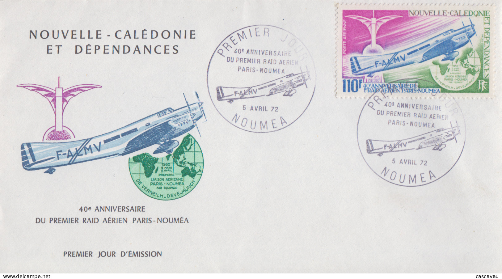 Enveloppe FDC  1er Jour   NOUVELLE CALEDONIE   40éme  Anniversaire   Raid   Aérien   PARIS - NOUMEA    1972 - FDC