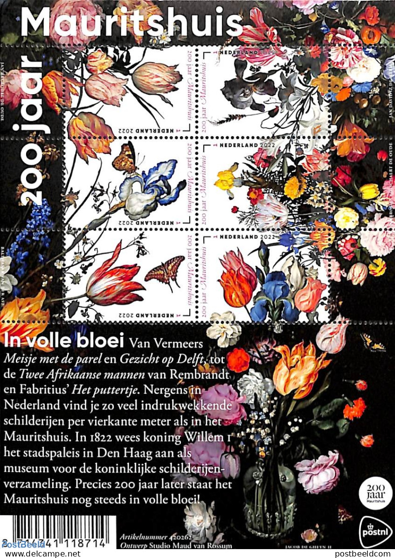 Netherlands 2022 200 Years Mauritshuis Museum 6v M/s, Mint NH, Nature - Flowers & Plants - Art - Museums - Paintings - Blocs