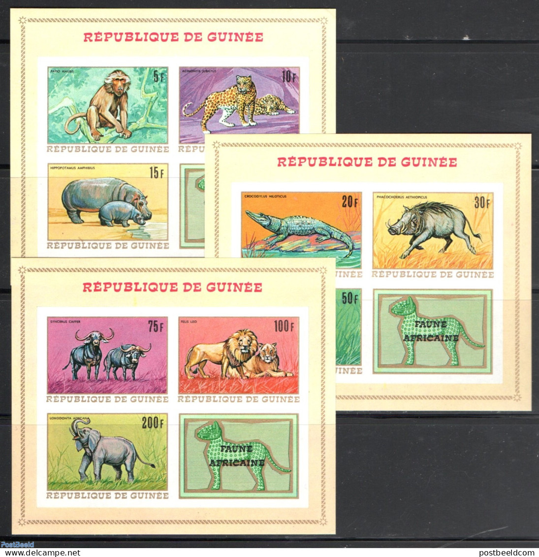 Guinea, Republic 1968 Animals 3 S/s, Imperforated, Mint NH, Nature - Animals (others & Mixed) - Cat Family - Crocodile.. - Sonstige & Ohne Zuordnung