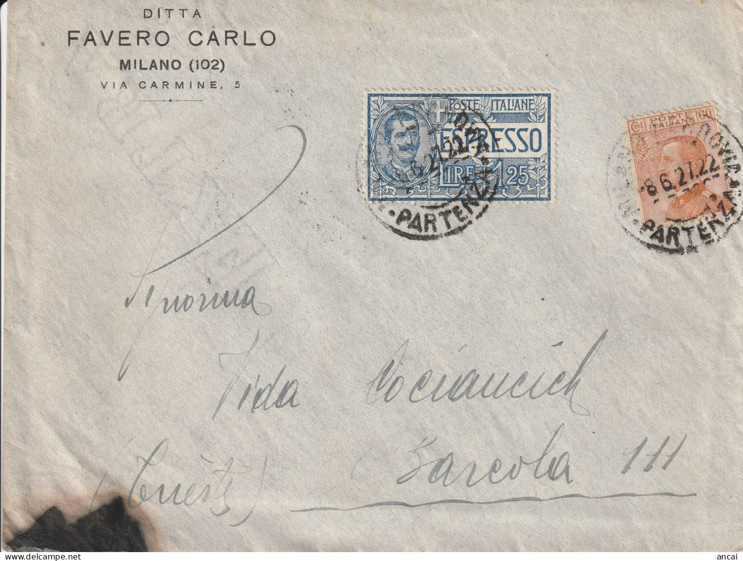 Italy. A215. Milano. 1927. Lettera Per Trieste, Con Espresso L. 1,25 + Michetti C.60. Ambulante MILANO VENEZIA 91 - Poststempel