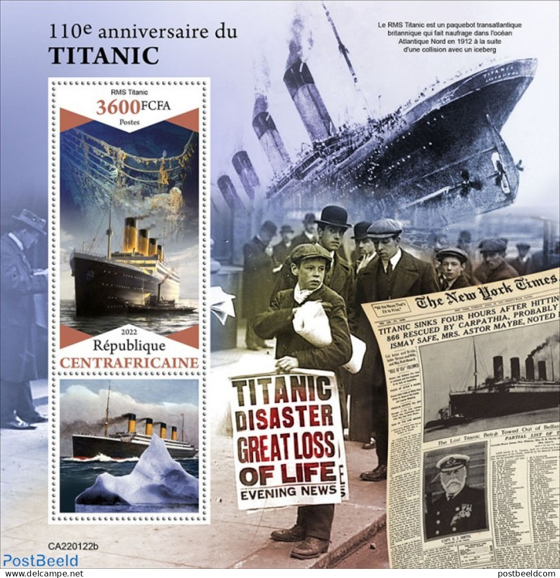 Central Africa 2022 110th Anniversary Of Titanic, Mint NH, Transport - Ships And Boats - Titanic - Bateaux