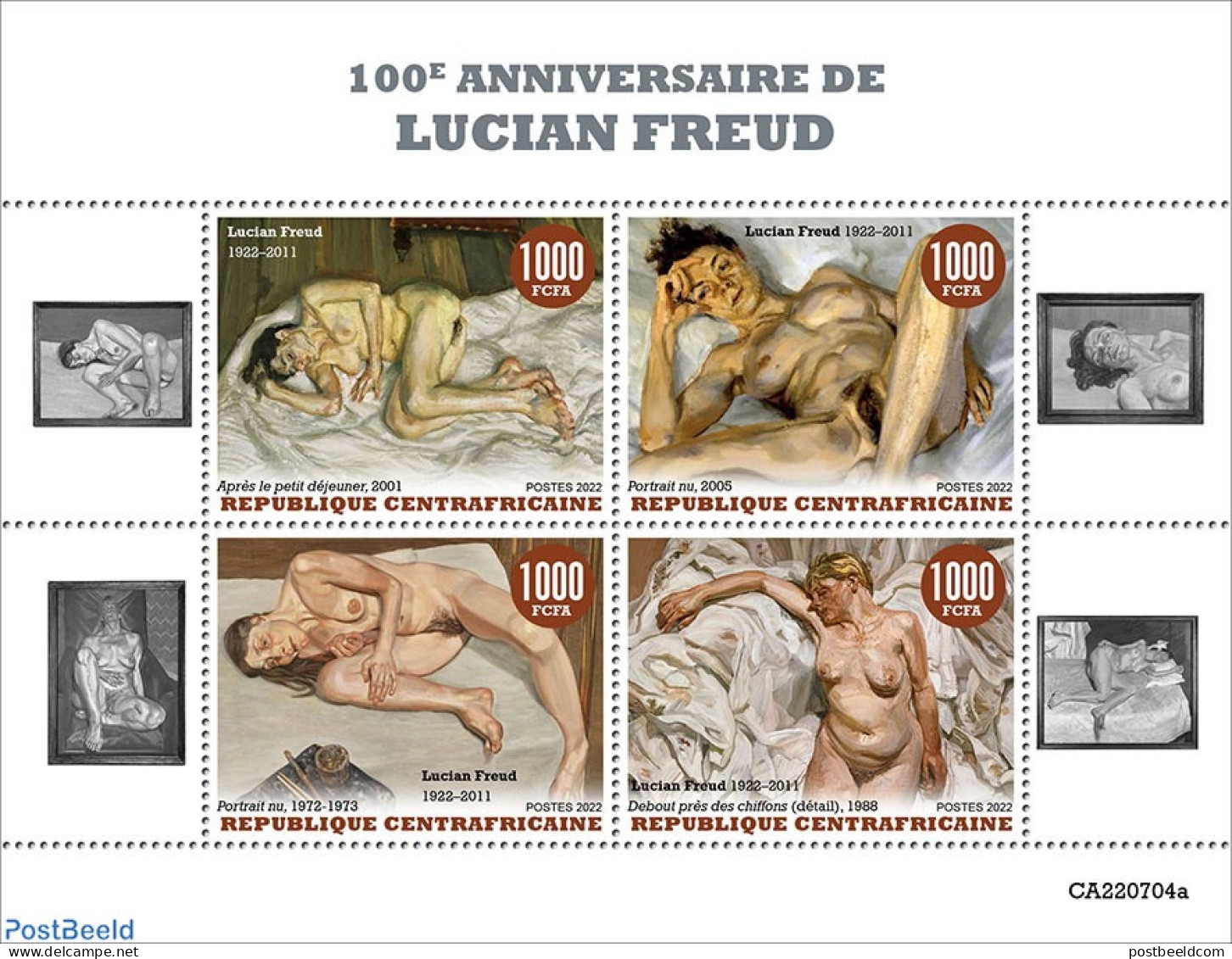 Central Africa 2022 100th Anniversary Of Lucian Freud, Mint NH, Art - Nude Paintings - Paintings - Central African Republic