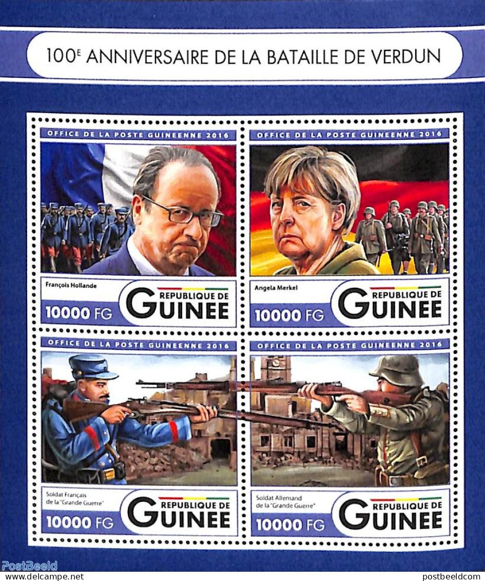 Guinea, Republic 2016 Battle Of Verdun 4v M/s, Mint NH, History - French Presidents - Germans - Politicians - World Wa.. - De Gaulle (General)