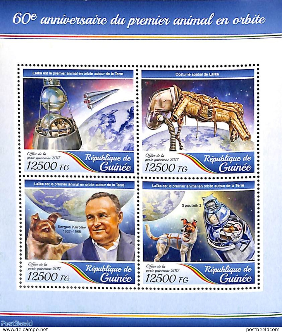 Guinea, Republic 2017 First Animal In Space 4v M/s, Mint NH, Nature - Transport - Dogs - Space Exploration - Sonstige & Ohne Zuordnung