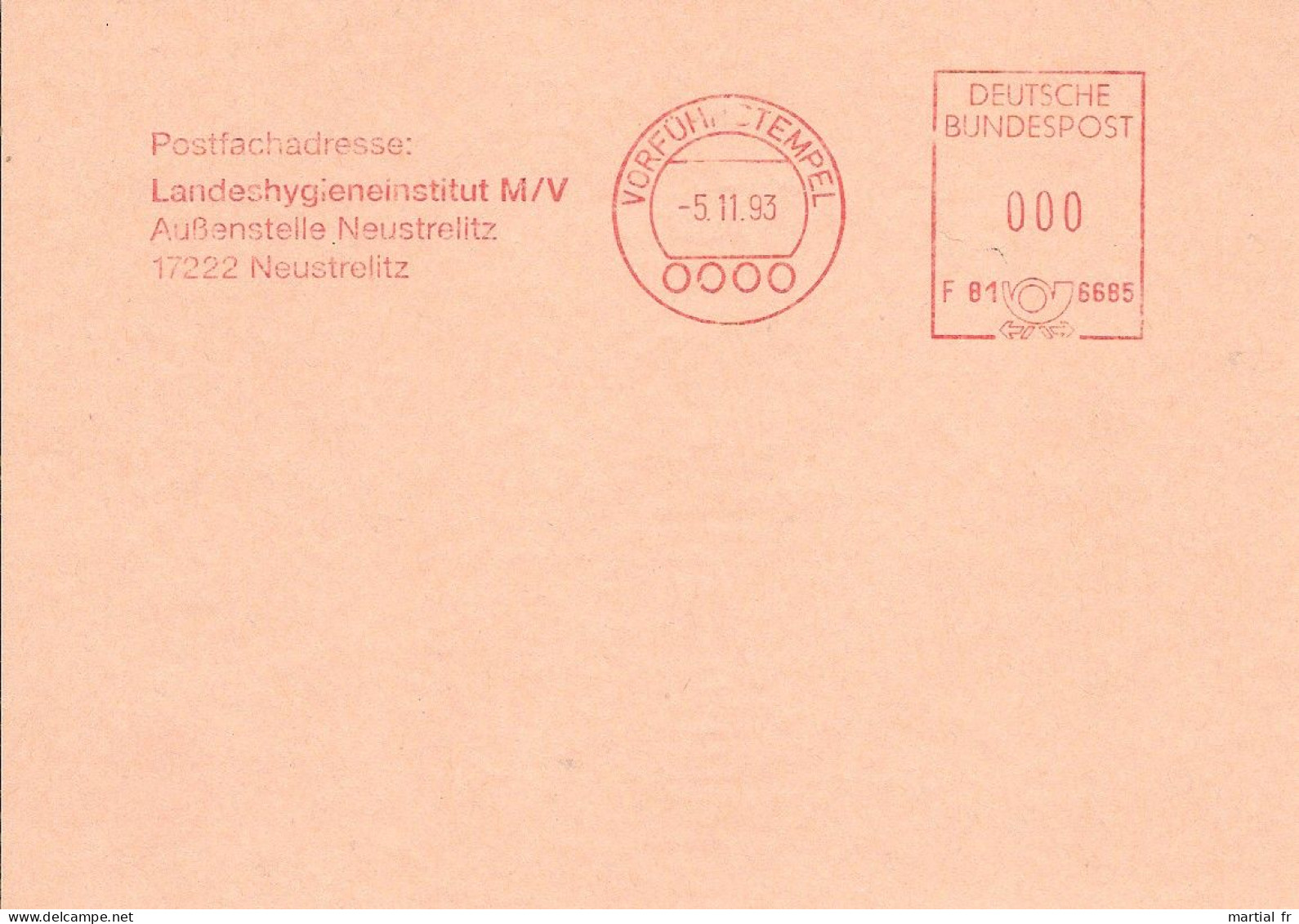 EMA SPECIMEN ALLEMAGNE DEUTSCHLAND GERMANY SANTE HYGIENE INSTITUT FEDERAL NEUSTRELITZ 17222 - Other & Unclassified