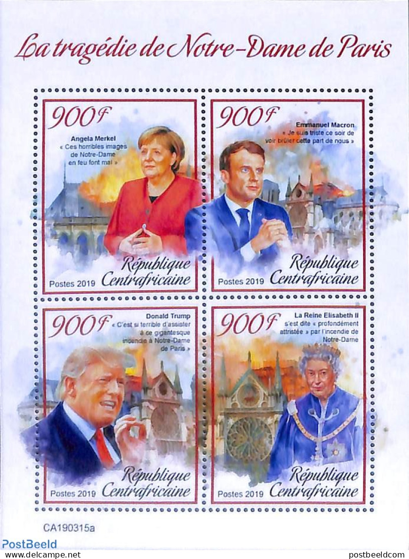 Central Africa 2019 Notre Dame Tragedy 4v M/s, Mint NH, History - Religion - Transport - Politicians - Churches, Templ.. - Churches & Cathedrals